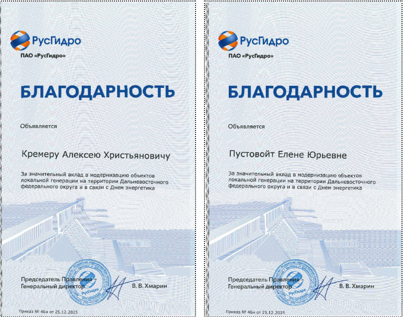 Генеральному директору А.Х. Кремеру объявлена благодарность за значительный вклад в модернизацию локальной генерации на территории ДФО
